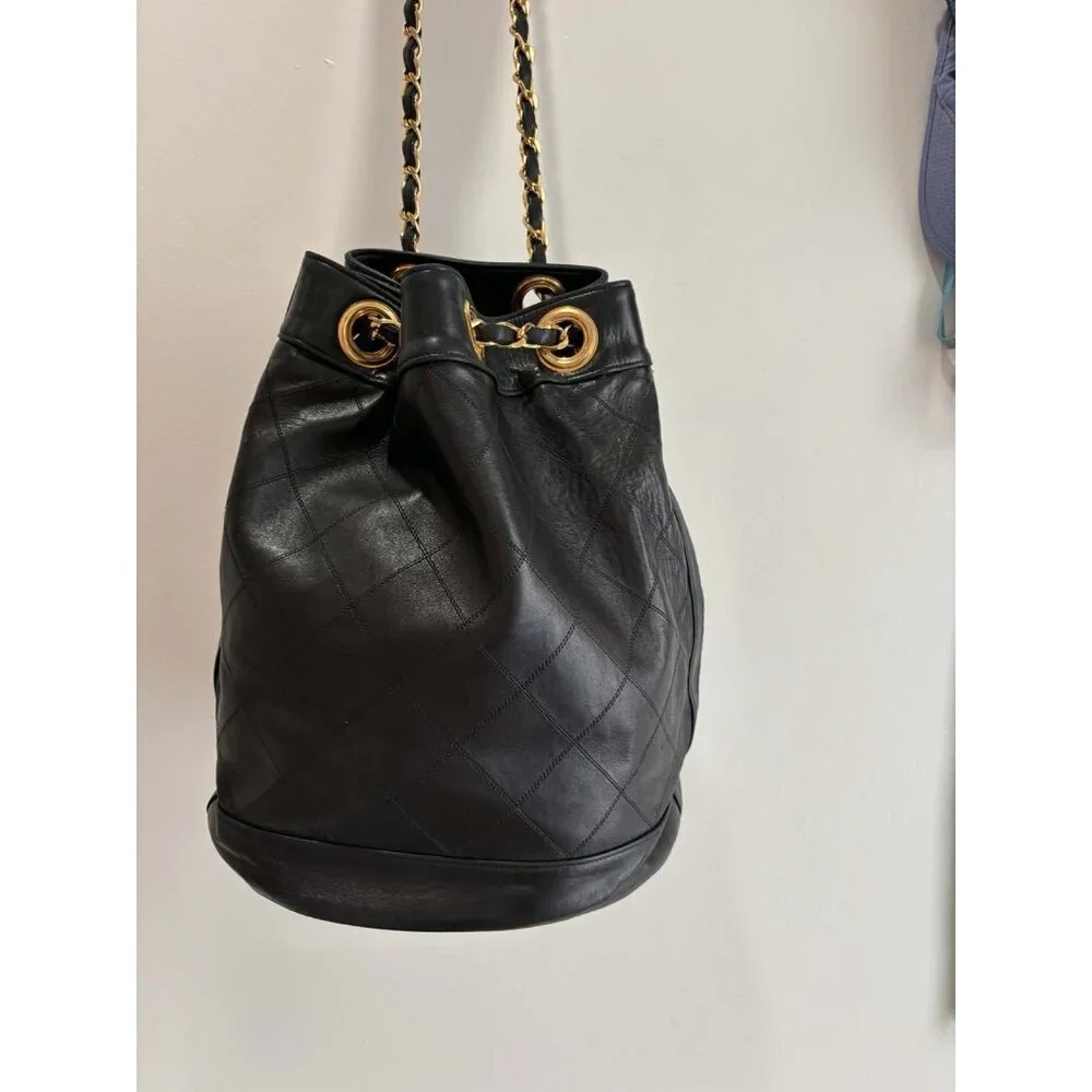 Authentic Vintage Chanel Bucket Bag Black Lambskin 24K Gold Hardware